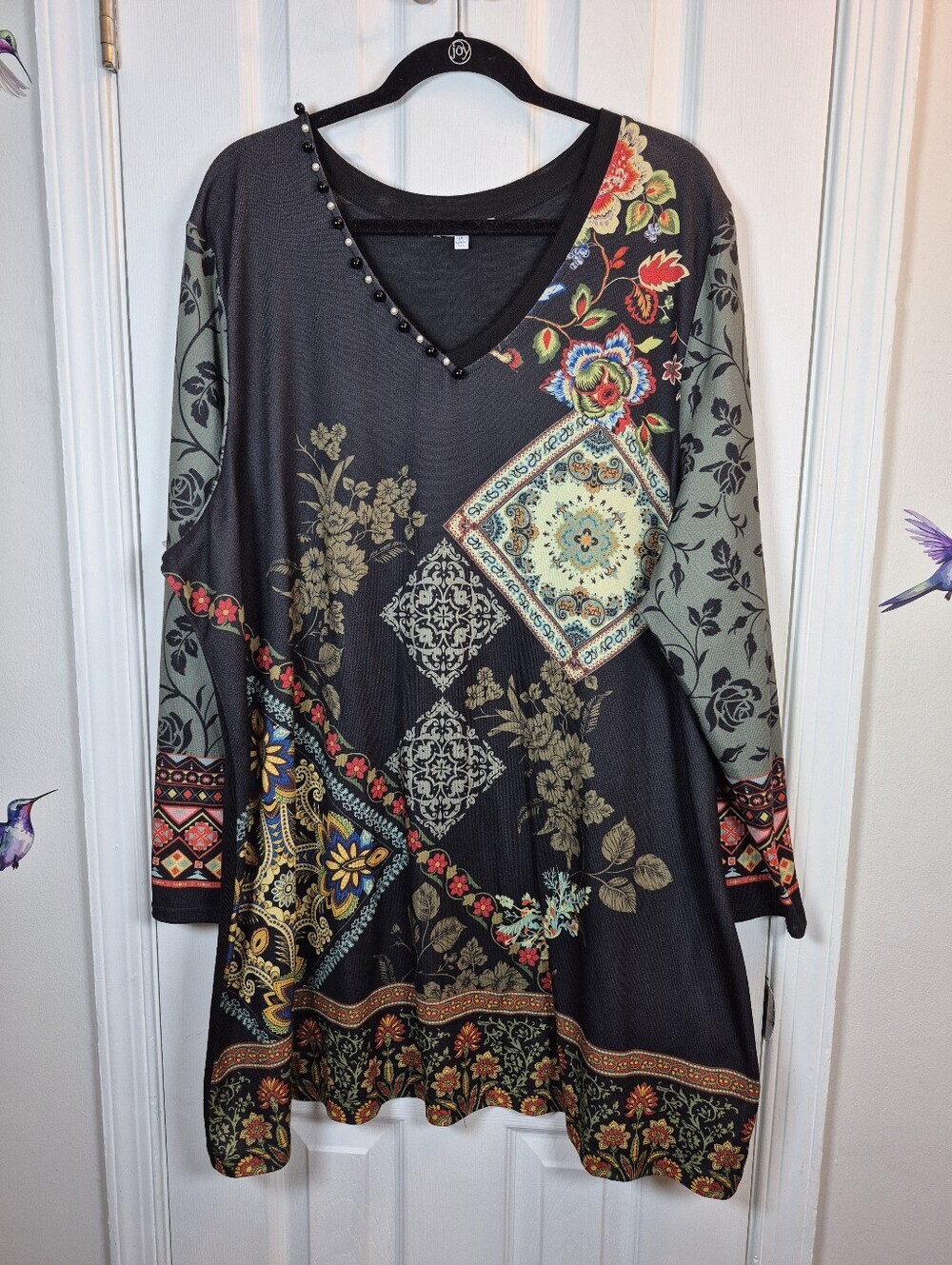 NorthStyle Floral Patchwork V-Neck Tunic Dress 2X | Boho Artsy Comfortable